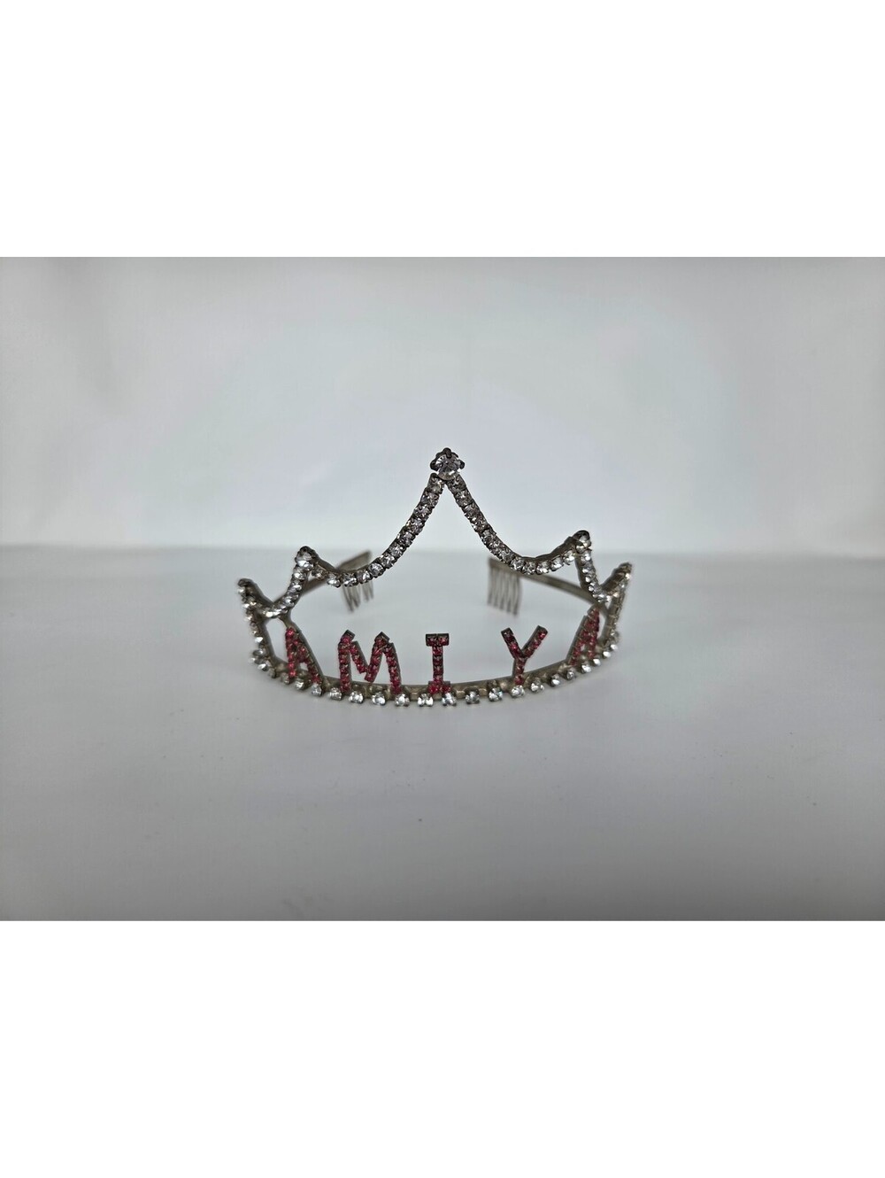 Custom Rhinestone Princess Tiara Crown w/ AMIYA Name Red Letter Accents Vintage